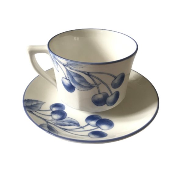 Tiffany & Co Nature Teacup Saucer Set White Blue Cherry Cup Mug China RARE - Picture 1 of 10